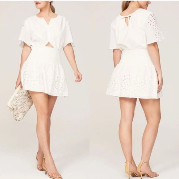 THAKOON Collective Dress Womens 10 White Eyelet Poplin Mini Smocked Waist Lined - Picture 1 of 5